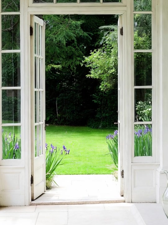 Afternoon light on a green lawn seen through open garden doors.